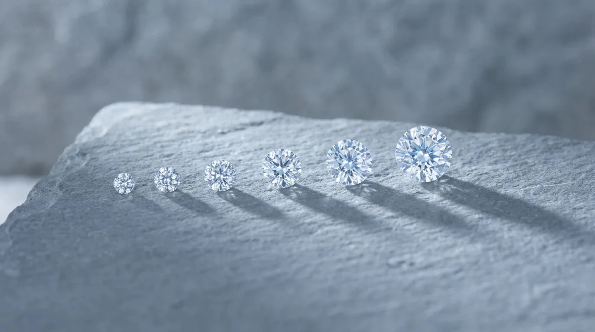 Six round brilliant diamonds in a row, stepping up in size from left to right