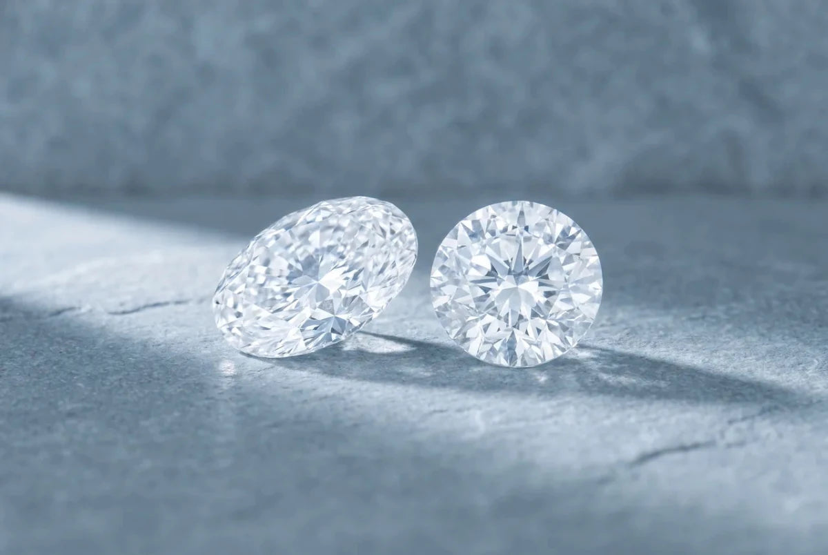 An oval diamond and a round diamond of the same weight side by side, the oval covering more surface