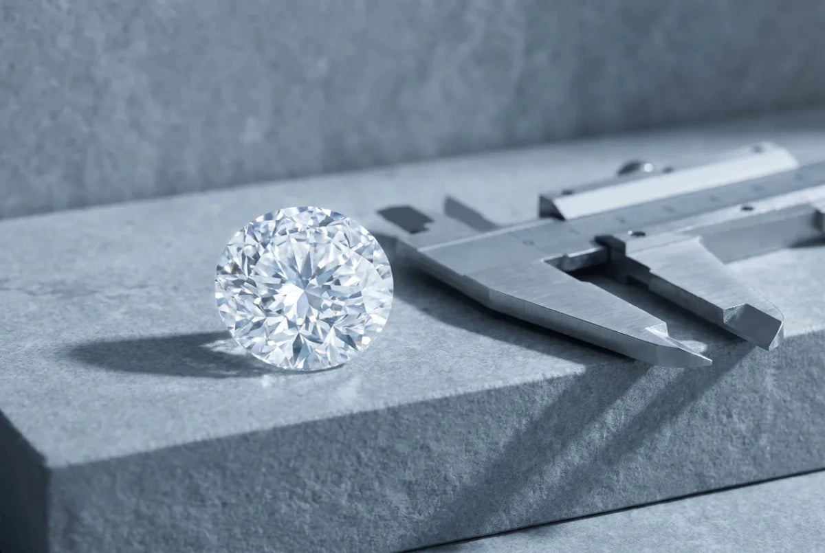 A loose round brilliant diamond beside an open millimeter gauge on a gray stone surface