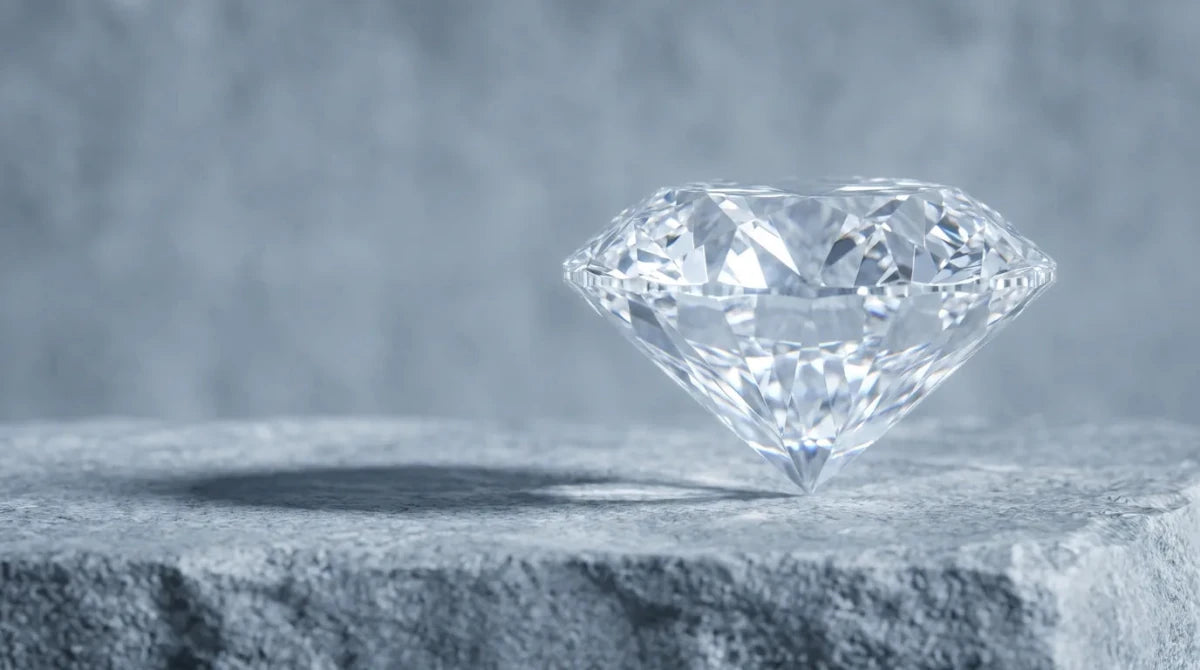 A round brilliant diamond seen from the side, its crown, girdle and pavilion clearly visible