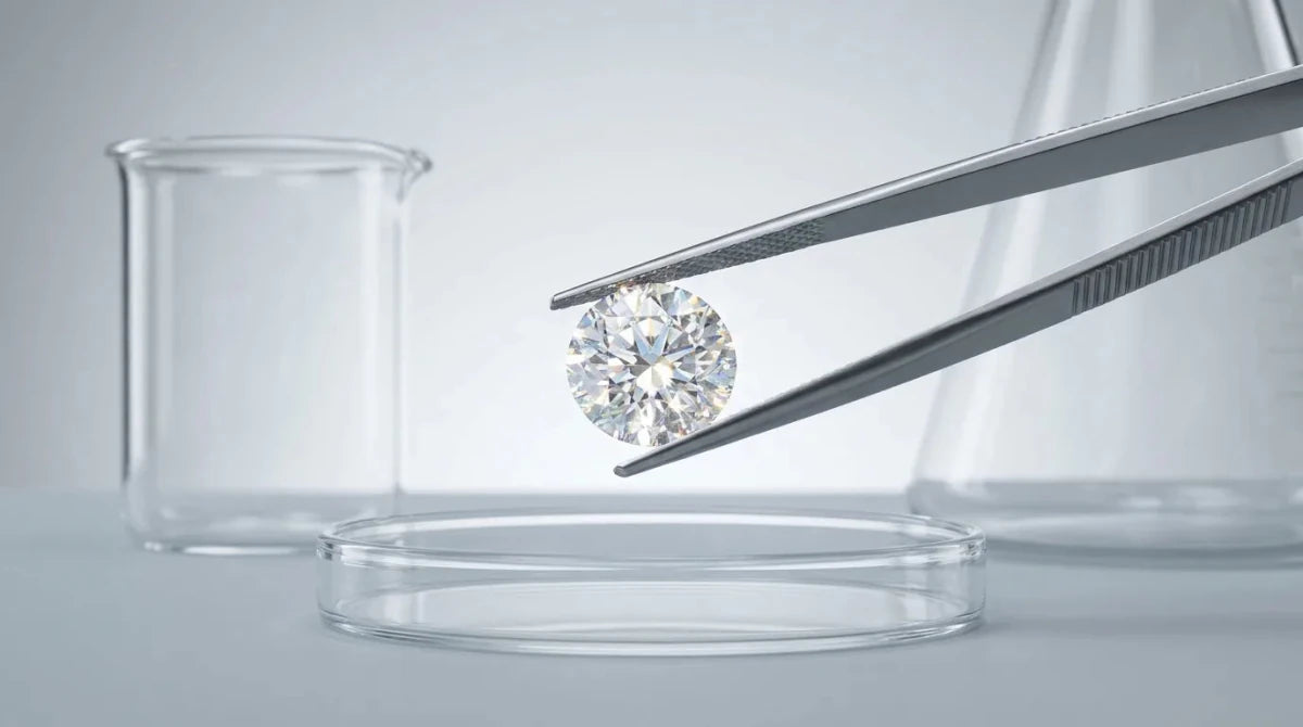 A round brilliant diamond held in steel tweezers above laboratory glassware