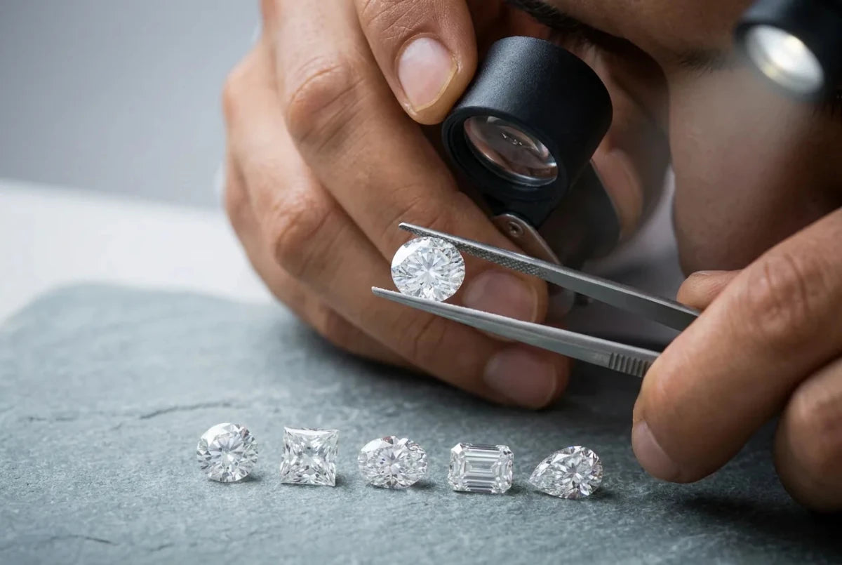A jeweler examines a round brilliant diamond through a 10x loupe, with five loose diamond cuts lined up on the stone surface below