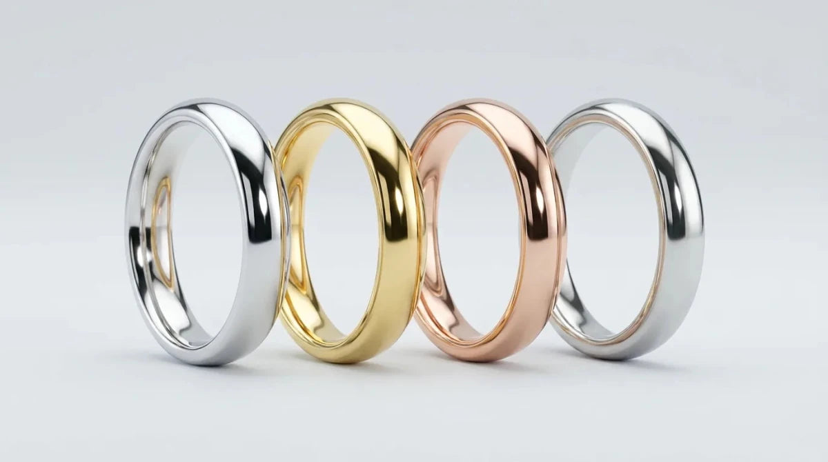 Four wedding bands in a row: white gold, yellow gold, rose gold, and platinum