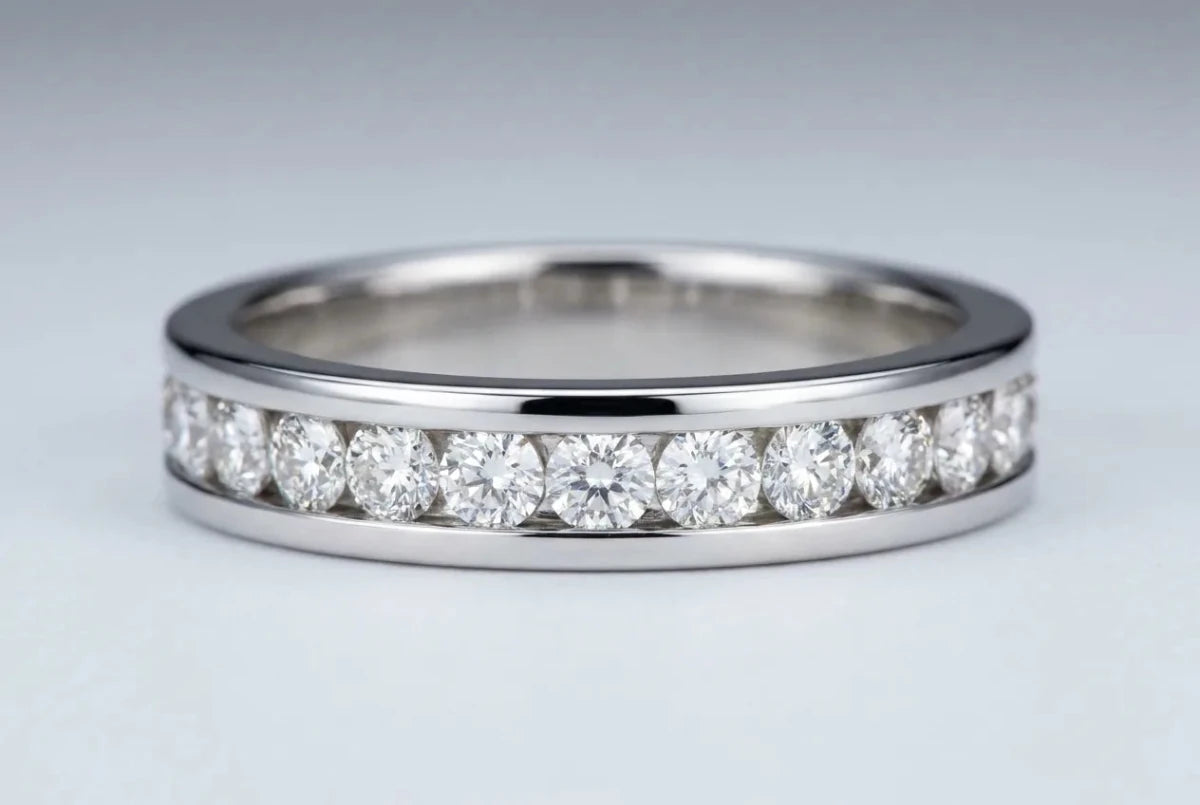 Channel-set band with a row of diamonds between two metal rails