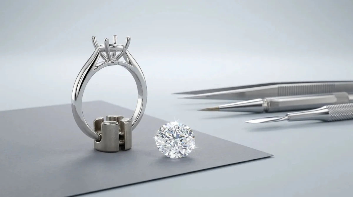 An unset white gold ring next to a loose round diamond and setting tools on a jeweler's bench