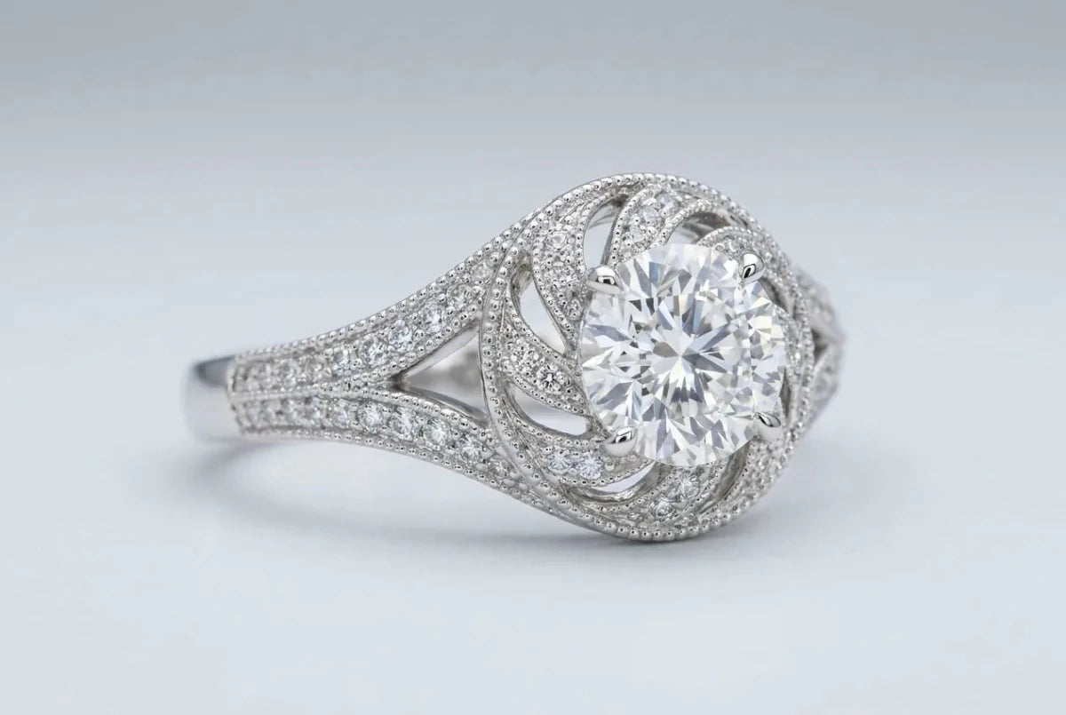 Ornate ring with a large center diamond and intricate diamond-encrusted metalwork