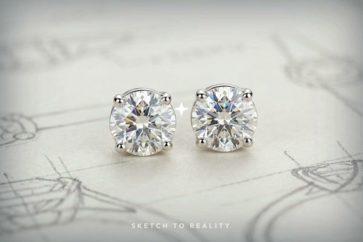 A custom earrings shown developing from a hand-drawn sketch into the finished piece