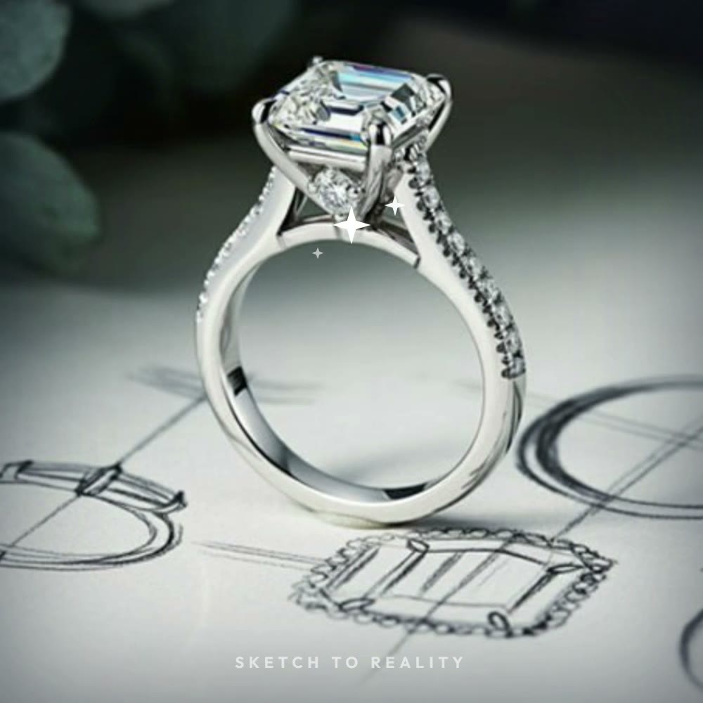 A custom emerald-cut diamond solitaire ring shown developing from a hand-drawn sketch into the finished piece