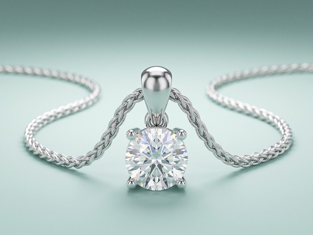 A round diamond solitaire pendant in white gold on a fine chain, on a soft seafoam ground