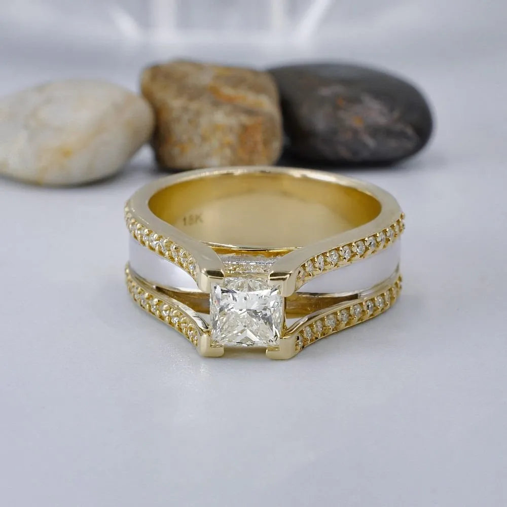 Certified 1.60 CT Princess and Round Cut Diamond Engagement Ring in 18KT two tone gold