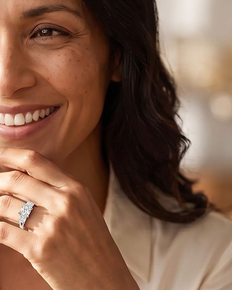 A smiling woman in a cream blouse with her hand under her chin, wearing a diamond anniversary ring