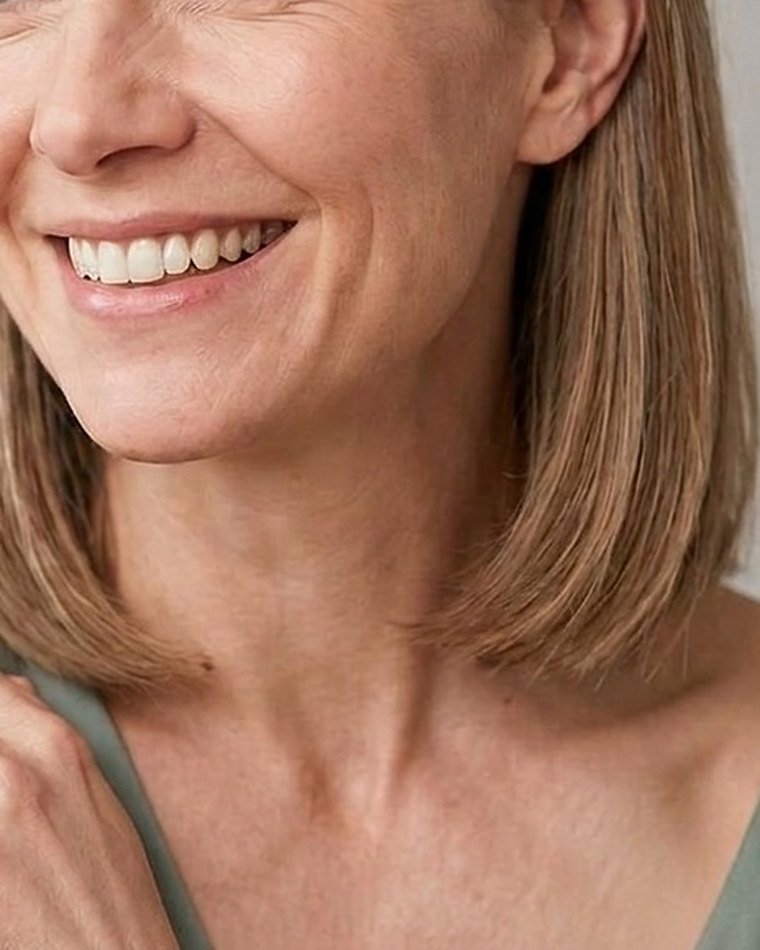 A smiling woman with her hand under her chin, wearing a three stone diamond ring