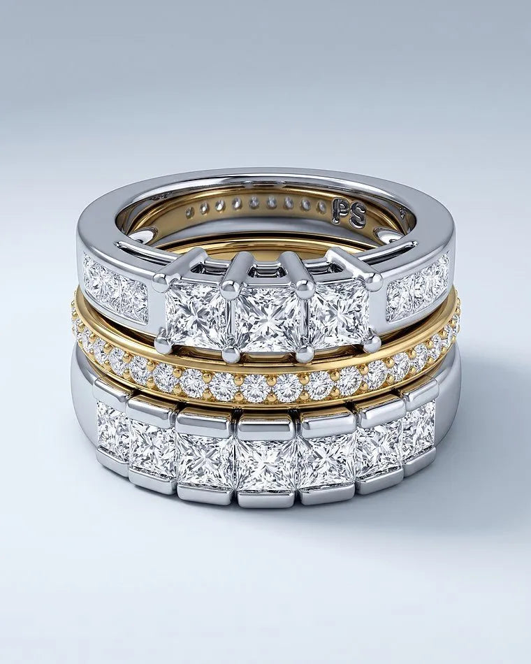 Three diamond wedding bands stacked in white and yellow gold