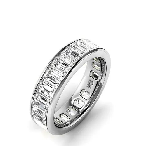 An emerald cut diamond eternity band in white gold