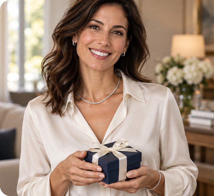 A smiling woman in an ivory silk blouse wearing a diamond tennis necklace, small diamond hoops and a tennis bracelet, holding a navy gift box tied with an ivory ribbon