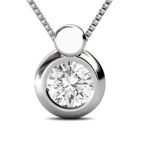 A round diamond bezel solitaire pendant on a white gold chain