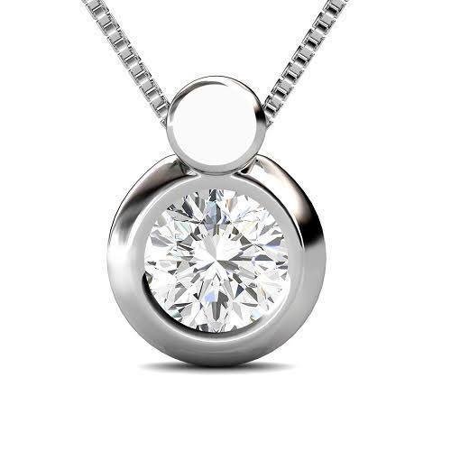 A round diamond bezel solitaire pendant on a white gold chain