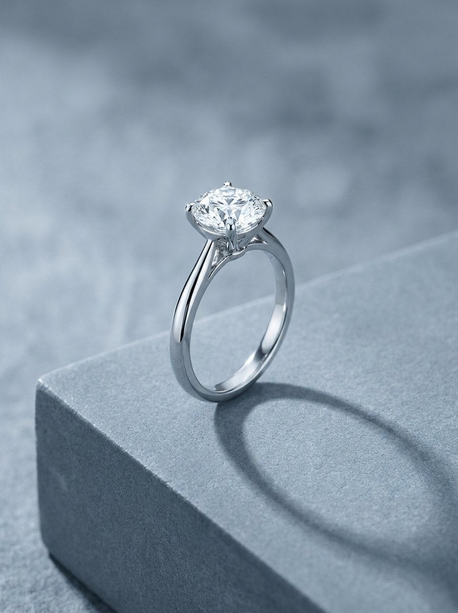 A white gold solitaire diamond engagement ring resting on a gray stone plinth