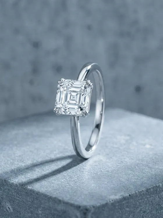 White gold solitaire ring with an asscher cut diamond