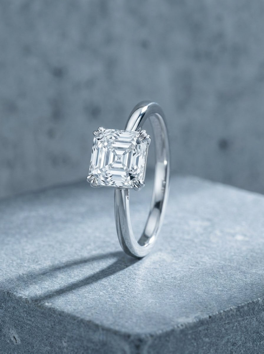 White gold solitaire ring with an asscher cut diamond