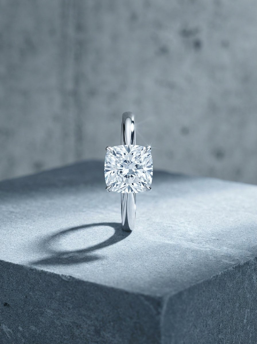 White gold solitaire ring with a cushion cut diamond