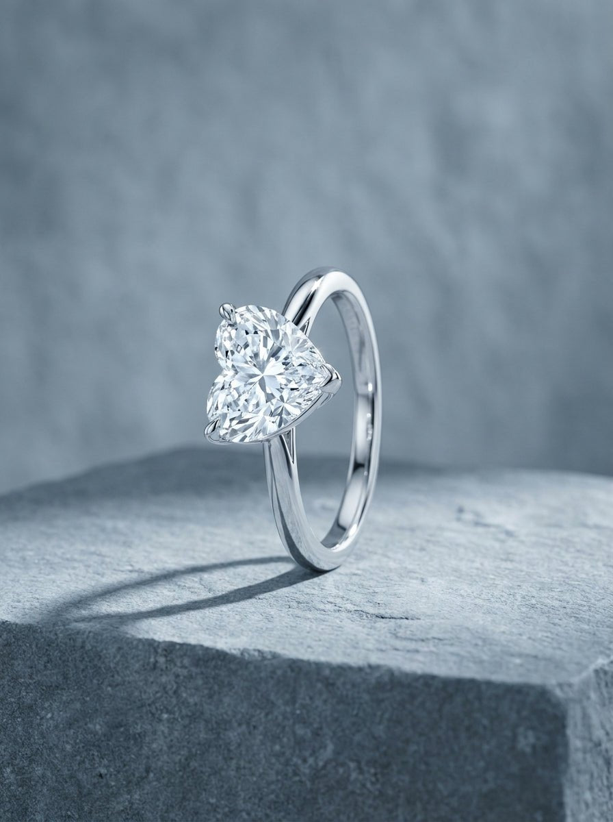 White gold solitaire ring with a heart shaped diamond
