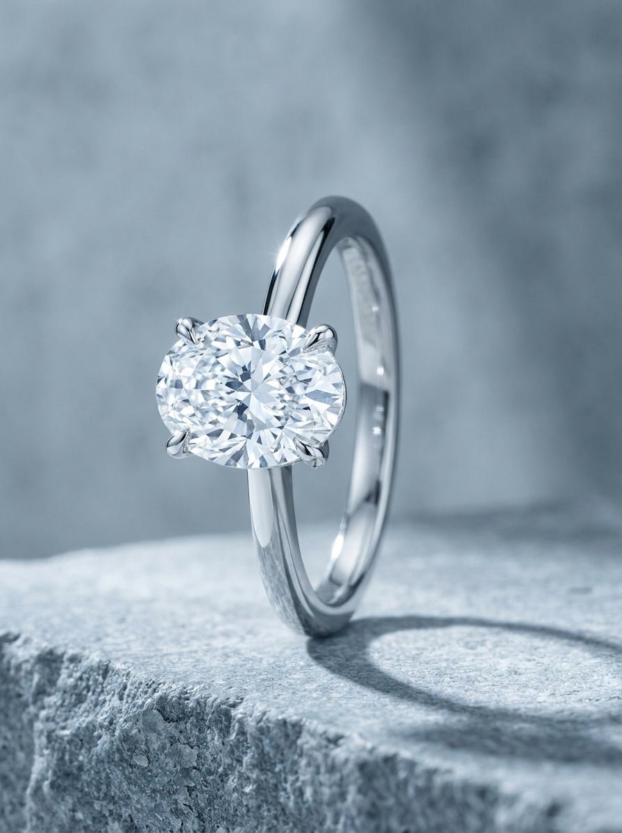 White gold solitaire ring with an oval cut diamond