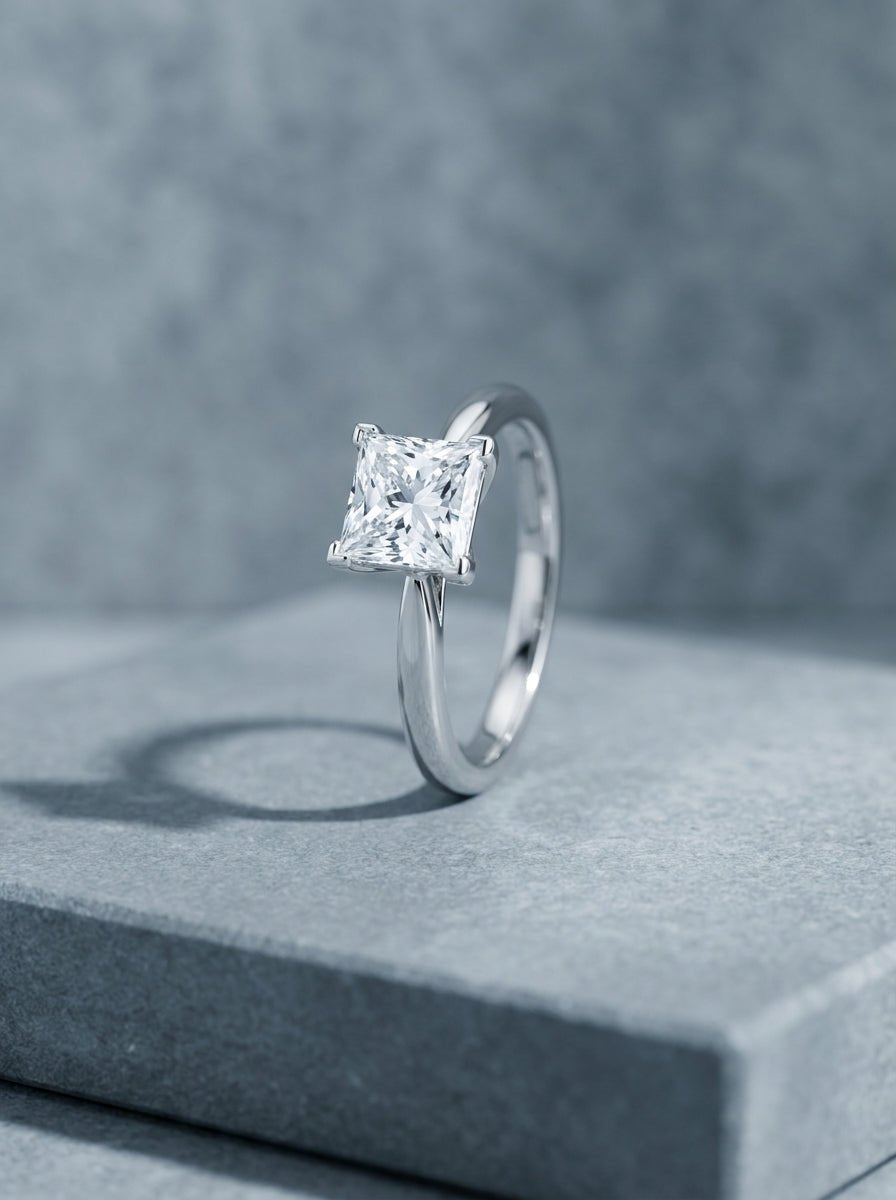 White gold solitaire ring with a princess cut diamond