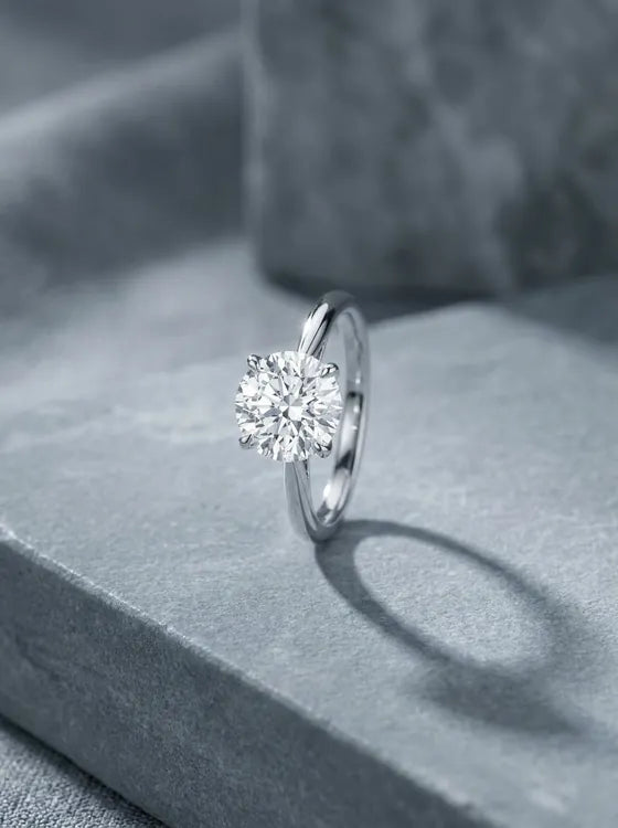 White gold solitaire ring with a round brilliant cut diamond