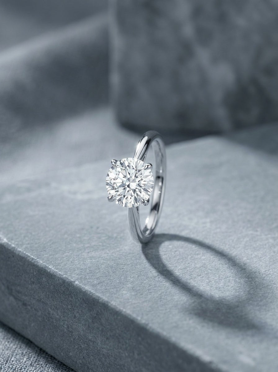 White gold solitaire ring with a round brilliant cut diamond