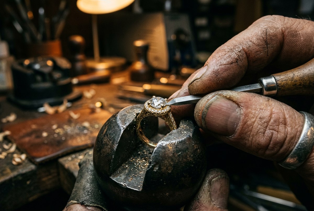 A jeweler setting a round diamond into a gold halo ring at the workshop bench