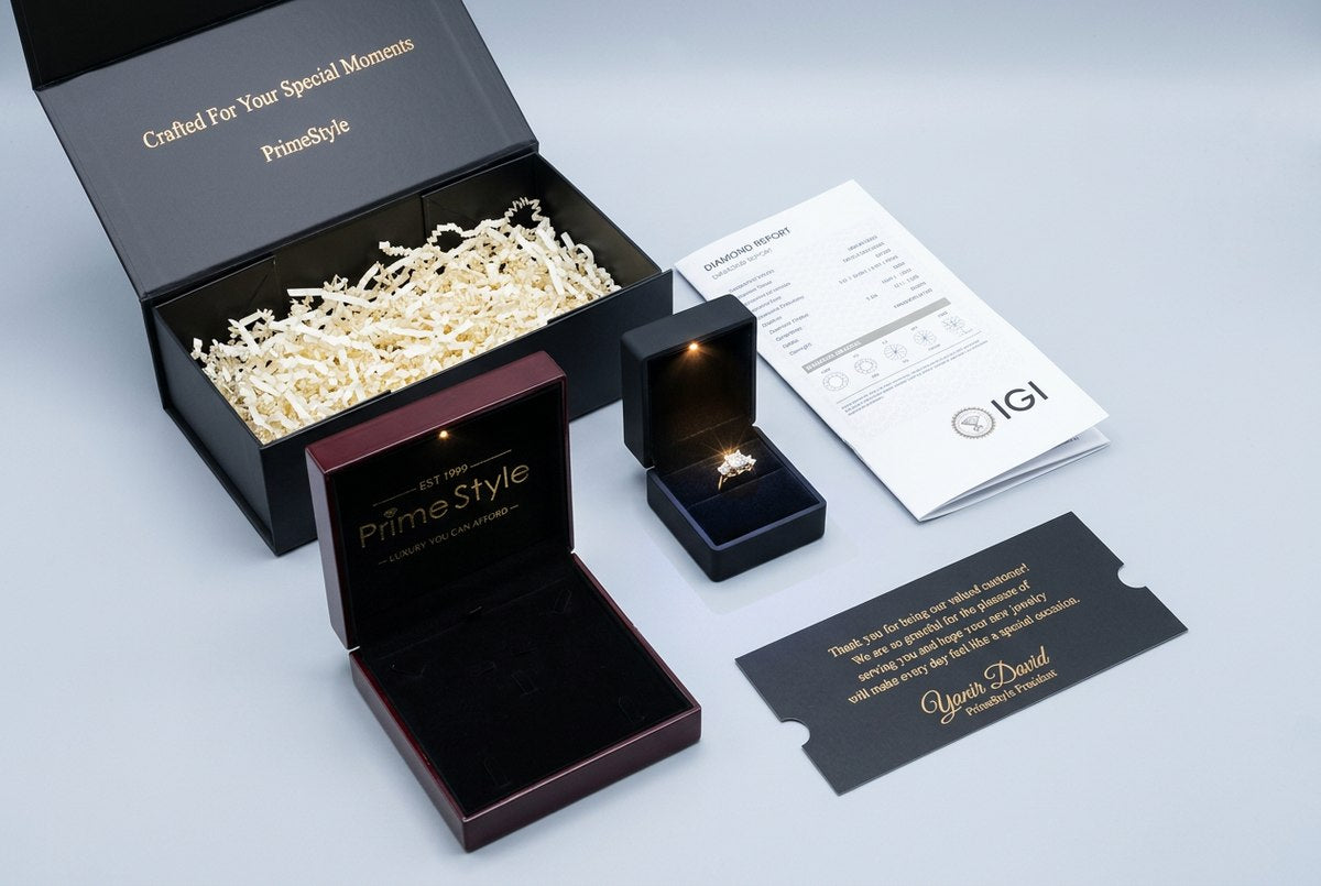 The complete PrimeStyle packaging: magnetic gift box, LED ring box, necklace box, grading report and signed card