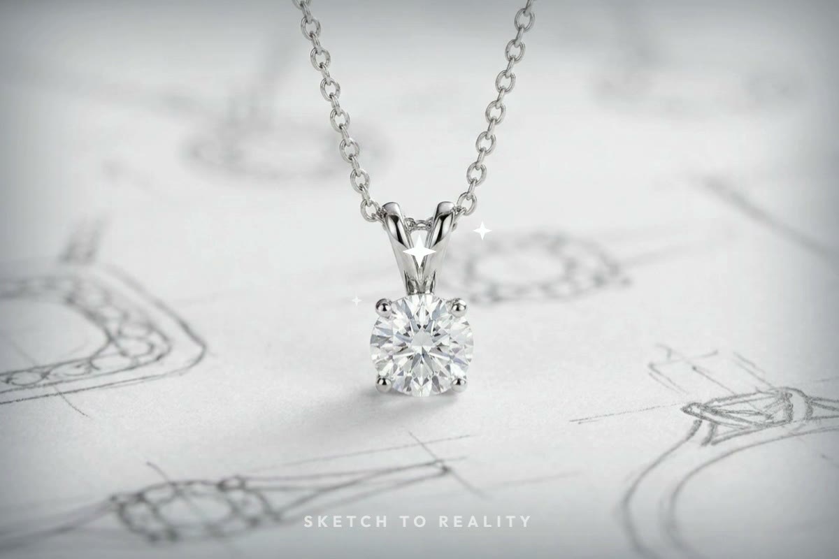A custom pendant shown developing from a hand-drawn sketch into the finished piece