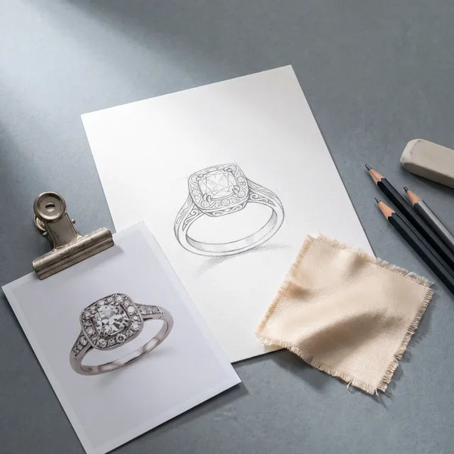 A pencil sketch of a cushion halo ring beside a reference photo