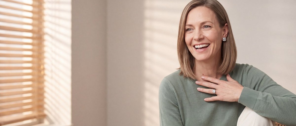 A smiling woman in a sage green sweater with one hand at her collar, wearing a white gold Asscher cut diamond ring with the step cut facets clearly visible and Asscher cut diamond stud earrings