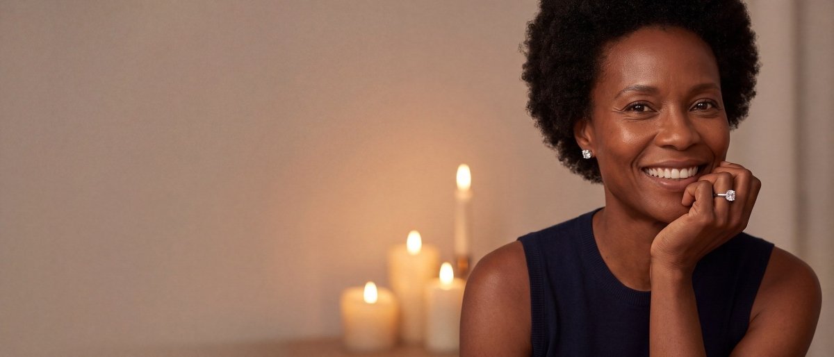 A smiling woman in a navy knit top resting her chin on her hand, wearing a white gold cushion cut diamond ring and a cushion cut diamond stud earring
