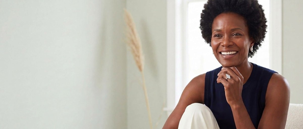 A smiling woman in a navy knit top resting her chin on her hand in a bright room with pale sage walls, wearing a white gold marquise cut diamond ring and marquise cut diamond stud earrings